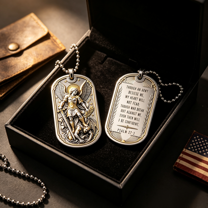 St. Michael Psalm 27:3 Double-Sided Metal Dog Tag Necklace